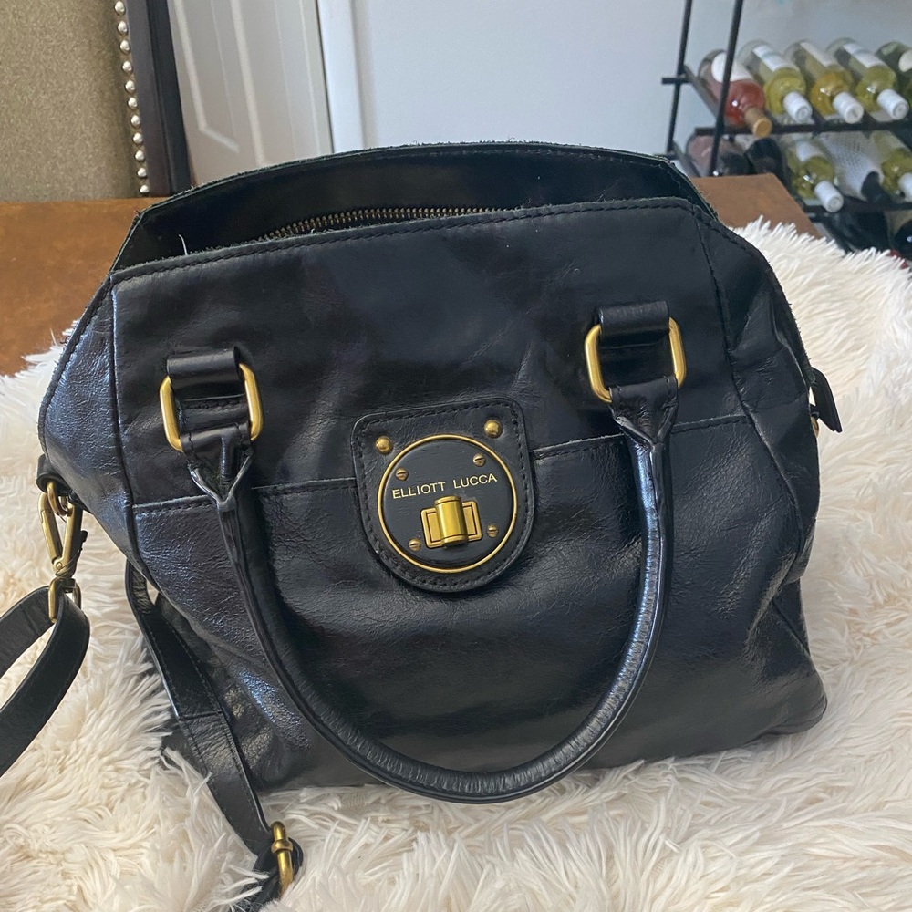 Elliott Lucca Leather Black Shoulder Bag with Gold Accents and Crossbody Strap
